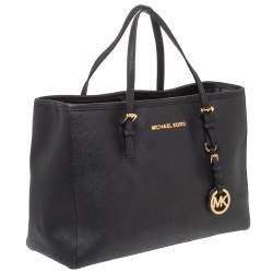 Pre Owned Michael Michael Kors Black Leather Jet Set Tote 