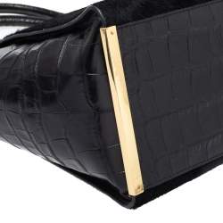 Pre Owned MICHAEL Michael Kors Black Calf Hair and Croc Embossed Leather Large Lana Tote