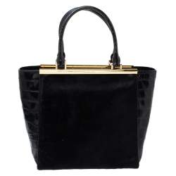 Pre Owned MICHAEL Michael Kors Black Calf Hair and Croc Embossed Leather Large Lana Tote