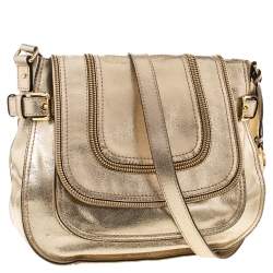 Pre Owned MICHAEL Michael Kors Gold Patent Leather Naomi Flap Shoulder Bag