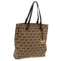 Pre Owned MICHAEL Michael Kors Brown Canvas and Leather Jet Set North South Logo Tote