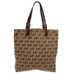 Pre Owned MICHAEL Michael Kors Brown Canvas and Leather Jet Set North South Logo Tote