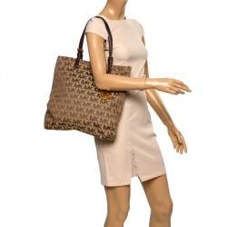 Pre Owned MICHAEL Michael Kors Brown Canvas and Leather Jet Set North South Logo Tote