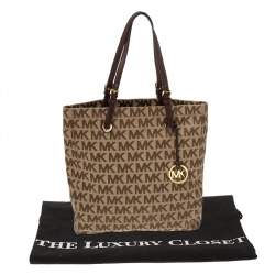 Pre Owned MICHAEL Michael Kors Brown Canvas and Leather Jet Set North South Logo Tote