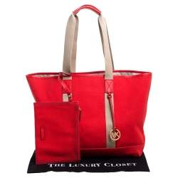 Pre Owned Michael Michael Kors Orange/Beige Canvas and Leather Shopper Tote