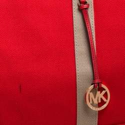 Pre Owned Michael Michael Kors Orange/Beige Canvas and Leather Shopper Tote