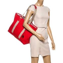 Pre Owned Michael Michael Kors Orange/Beige Canvas and Leather Shopper Tote