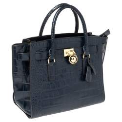 Pre Owned حقيبة مايكل مايك كورس هاميلتون إيست ويست جلد نقشة التمساح أزرق 