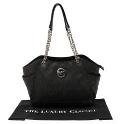 Pre Owned MICHAEL Micheal Kors Black Signature Canvas Jet Set Travel Chain Tote