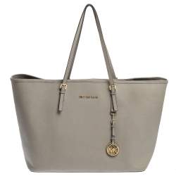 Pre Owned Michael Michael Kors Grey Leather Large Jet Set Travel Tote