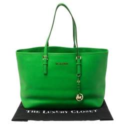 Pre Owned MICHAEL Michael Kors Green Saffiano Leather Jet Set Tote