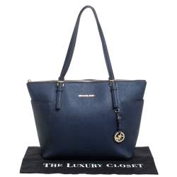 Pre Owned MICHAEL Michael Kors Navy Blue Leather Large Jet Set Zip Tote 