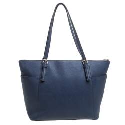 Pre Owned MICHAEL Michael Kors Navy Blue Leather Large Jet Set Zip Tote 