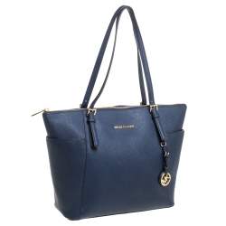 Pre Owned MICHAEL Michael Kors Navy Blue Leather Large Jet Set Zip Tote 