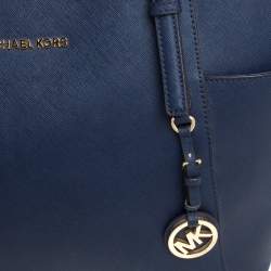 Pre Owned MICHAEL Michael Kors Navy Blue Leather Large Jet Set Zip Tote 