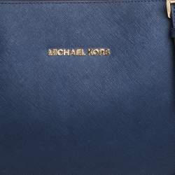 Pre Owned MICHAEL Michael Kors Navy Blue Leather Large Jet Set Zip Tote 