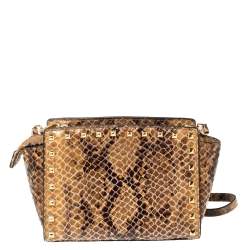Pre Owned MICHAEL Michael Kors Tan/Black Python Effect Patent Leather Medium Selma Crossbody Bag