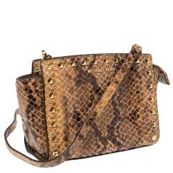 Pre Owned MICHAEL Michael Kors Tan/Black Python Effect Patent Leather Medium Selma Crossbody Bag