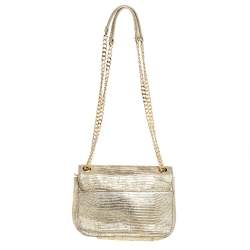 Pre Owned  Michael Kors Metallic Gold Lizard Embossed Leather Turnlock Crossbody Bag