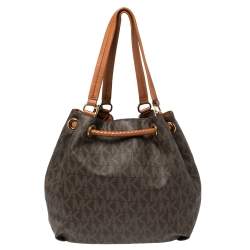 Pre Owned MICHAEL Michael Kors Brown/Tan Signature Coated Canvas and Leather Jet Set Drawstring Bag