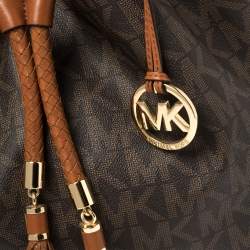 Pre Owned MICHAEL Michael Kors Brown/Tan Signature Coated Canvas and Leather Jet Set Drawstring Bag
