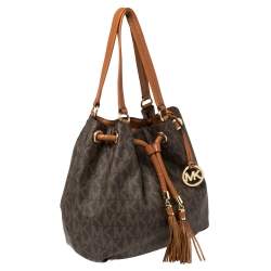 Pre Owned MICHAEL Michael Kors Brown/Tan Signature Coated Canvas and Leather Jet Set Drawstring Bag