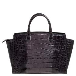 Pre Owned MICHAEL Michael Kors Grey/Black Croc Embossed Leather Large Selma Tote