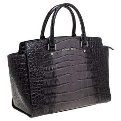 Pre Owned MICHAEL Michael Kors Grey/Black Croc Embossed Leather Large Selma Tote