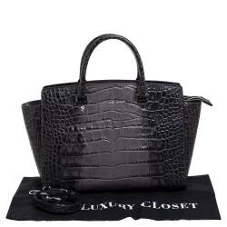 Pre Owned MICHAEL Michael Kors Grey/Black Croc Embossed Leather Large Selma Tote