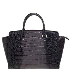 Pre Owned MICHAEL Michael Kors Grey/Black Croc Embossed Leather Large Selma Tote