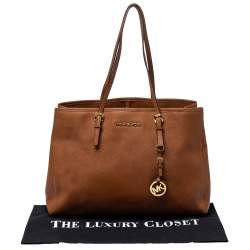 Pre Owned MICHAEL Michael Kors Brown Saffiano Leather Medium Jet Set Tote