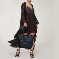 Pre Owned MICHAEL Michael Kors Navy Blue Leather Front Pocket Tote