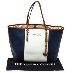 Pre Owned MICHAEL Michael Kors Blue/White Saffiano Leather Large Jet Set Travel Tote