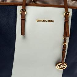 Pre Owned MICHAEL Michael Kors Blue/White Saffiano Leather Large Jet Set Travel Tote