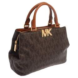 Pre Owned حقيبة ساتشل مايكل مايكل كورس فلورنس جلد وكانفاس مقوى شهير بنية 