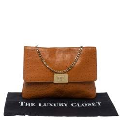 Pre Owned MICHAEL Michael Kors Brown Ostrich Embossed Leather Turnlock Flap Shoulder Bag