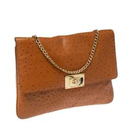 Pre Owned MICHAEL Michael Kors Brown Ostrich Embossed Leather Turnlock Flap Shoulder Bag
