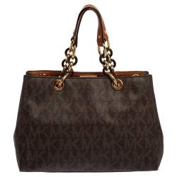 Pre Owned MICHAEL Michael Kors Brown Signature Coated Canvas Medium Cynthia Satchel