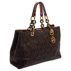 Pre Owned MICHAEL Michael Kors Brown Signature Coated Canvas Medium Cynthia Satchel