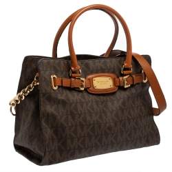 Pre Owned MICHAEL Michael Kors Brown Signature Coated Canvas and Leather Hamilton Tote