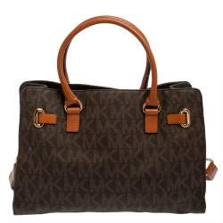Pre Owned MICHAEL Michael Kors Brown Signature Coated Canvas and Leather Hamilton Tote