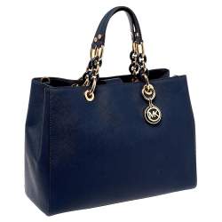 Pre Owned MICHAEL Michael Kors Navy Blue Leather Large Cynthia Tote