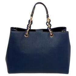 Pre Owned MICHAEL Michael Kors Navy Blue Leather Large Cynthia Tote