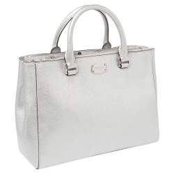 Pre Owned MICHAEL Michael Kors Metallic Silver Leather Medium Kellen Satchel