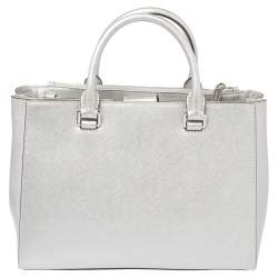 Pre Owned MICHAEL Michael Kors Metallic Silver Leather Medium Kellen Satchel