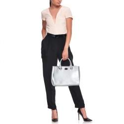 Pre Owned MICHAEL Michael Kors Metallic Silver Leather Medium Kellen Satchel