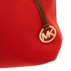 Pre Owned Michael Michael Kors Red Canvas and Leather Marina Drawstring Bucket Bag