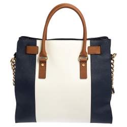 Pre Owned MICHAEL Michael Kors Blue/White Leather Large Hamilton North South Tote