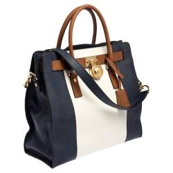 Pre Owned MICHAEL Michael Kors Blue/White Leather Large Hamilton North South Tote
