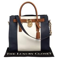 Pre Owned MICHAEL Michael Kors Blue/White Leather Large Hamilton North South Tote